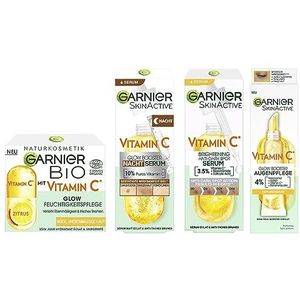 Garnier Vitamine C-boosterset, 4 stuks, voor dag en nacht, anti-vlek serum, vitamine C, oogverzorging, vitamine C Glow Booster, nachtserum en vitamine C dagcrème