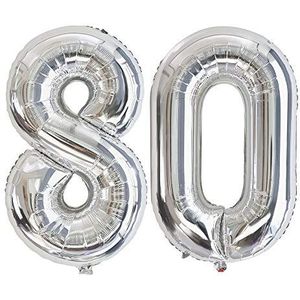 Ponmoo Luchtballon met cijfer 80, zilver, 0, 1, 2, 3, 4, 5, 6, 7, 8, 9, 10, 20, 30, 40, 50, 60, 70, 80, 90, 100, ballon leeftijd verjaardag, cijfer ballon 80, zilver