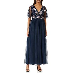 Maya Deluxe Maxi-jurk voor dames, van mesh, versierd, met V-hals, voor bruiloft, gast, bruidsmeisje, bal, gelegenheid, Navy Blauw