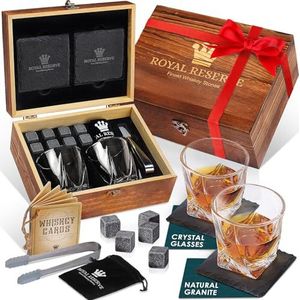 Whisky cadeauset - set van 2 whiskyglazen, stenen, onderzetters en houten doos - verjaardagscadeaus voor mannen, echtgenoot, vriend, vader, vriend, broer, baas, schoonvader - in doos