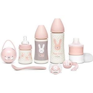 Suavinex, Welcome Baby Set Hygge Rose. Cadeauset voor pasgeborenen met flesjes, fopspeen en accessoires, 8-delig, babyflessen met anti-koliek-systeem. Anatomische siliconen fopspeen
