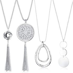 CASSIECA 4 stuks lange halskettingen met hanger voor dames en meisjes, strik, cirkel, kwastje, Y-halskettingen, modieus, sieraden, truiketting, zilver/goud