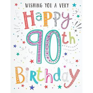 Moderne verjaardagskaart voor de 90e verjaardag - 20,3 x 15,2 cm - Royal Edition, rood, grijs, geel, groen