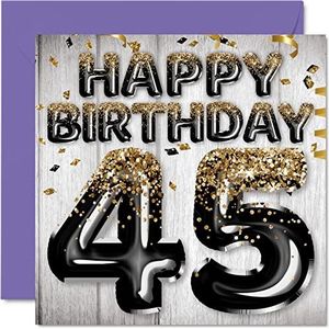 Verjaardagskaart voor de 45e verjaardag voor mannen - ballonnen met pailletten in zwart en goud - verjaardagskaart voor mannen voor de 45e verjaardag, papa, neef, vriend, broer, oom, 145 mm x 145 mm - wenskaarten voor de 45e verjaardag