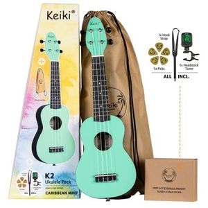 Ortega Guitars Sopraan ukelele, groen, Keiki K2 - starterset met stemapparaat, draaglijn, 5 middelgrote plectrums en tas met trekkoord, pastel/caribbean mint (K2-CBM)