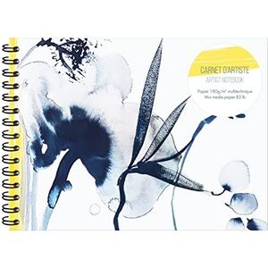 Clairefontaine 115945C - een kunstenaarsboek met spiraalbinding, bloemenmotief, beschilderd met blauwe inkt, A5, landschap, 21 x 14,8 cm, 30 vellen tekenpapier, wit, multitechniek, 180 g - Inkebana collectie