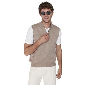 TRENDYOL V-hals, effen kleuren, normaal gebreid vest voor heren (1 stuk), Beige