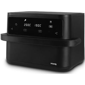 H.Koenig Airfryer friteuse zonder olie, 2 bakken, XXL, FRY960-10 l (5 l + 5 l), 8 kookmodi, verstelbaar 80-200 °C, timer 60 minuten, automatische uitschakeling, touchscreen, afneembare roosters