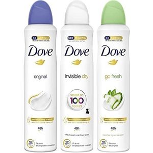 Dove Originele 48 uur deodorant spray, onzichtbare anti-vlekken en komkommer groene thee, alcoholvrije spray voor vrouwen, met 100% natuurlijke voedende olie en vochtinbrengende crème, 1/4