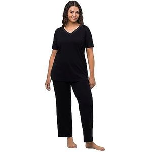 Ulla Popken Pyjama satijn trim dames pijama set, zwart.