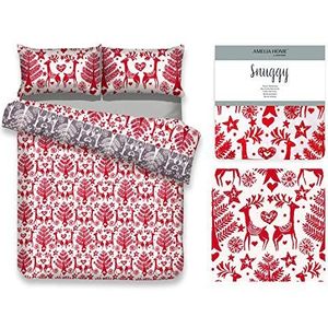 AmeliaHome 3-delige beddengoedset van 100% katoen met 2 kussenslopen 70 x 80 cm en dekbedovertrek met ritssluiting, Snuggy Rudolph rendier, wit/rood/grijs