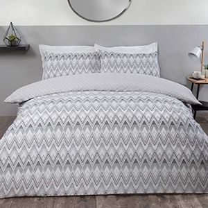 Sleepdown Zig Zag Beddengoedset met geometrisch retropatroon, omkeerbaar, 260 x 220 cm, zwart/grijs