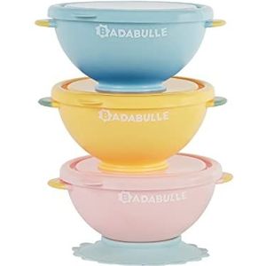 Badabulle Set van 3 Funcolors Bowls kommen met deksel en antislip zuignap, 330 ml