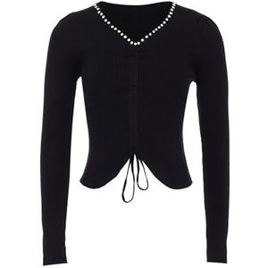 CHANI Klassieke modieuze trui voor dames, trui met V-hals en lange mouwen, strak trekkoord, zwart, één maat, zwart, één maat, zwart.