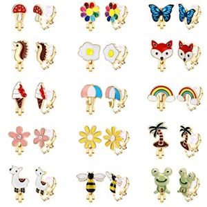 LOLIAS 15 paar clip-on oorbellen voor vrouwen meisjes schattig dier vlinder bloem clip-on oorbellen voor tieners oorbellen niet geboord, strass, Rubber Strass steentjes
