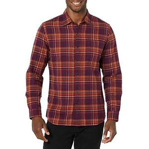 Amazon Essentials Flanellen overhemd met lange mouwen voor heren, slim fit, Schotse stof, bordeauxrood, oranje, XS