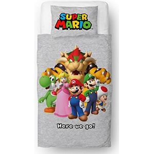 Nintendo Super Mario Officiële Here We Go beddengoedset voor eenpersoonsbed, omkeerbaar dekbedovertrek aan beide zijden met bijpassende kussensloop, eenpersoons beddengoed, polykatoen