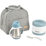 BÉABA, Lunchbox, thermoporties van roestvrij staal, 500 ml en roestvrijstalen rietjesbeker, 250 ml, lepel van siliconen, 2. leeftijd, Windy Blue