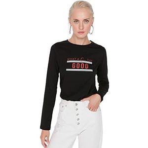 Trendyol T-shirt basique ajusté à col rond en tricot pour femme, Noir, S