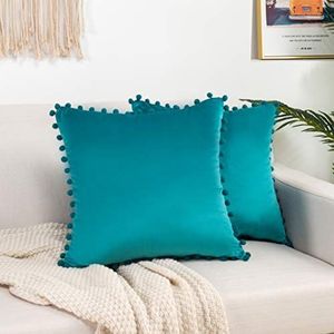 Elegant Comfort POMS Set van 2 kussenslopen, vierkant, zacht, stabiel, fluweel, sierkussenhoezen voor bank, bed, woonkamer, 45,7 x 45,7 cm, turquoise