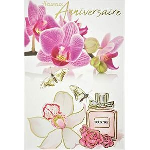 Afie 65-1238 wenskaart voor verjaardag, bloemen, orchideeën, rozen, wit, vlinders, parfumfles met goud, gemaakt in Frankrijk