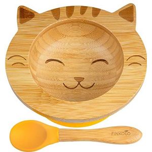Kom met zuignap voor baby's en lepel van natuurlijk bamboe, het origineel 'Bambol' van Finkolo | kittenvorm | leerservies | lunchbox borden ... geel