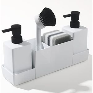 Keukenzeepdispenser met sponshouder voor gootsteen - Handzeepdispenser en afwasmiddel met borstel - mat wit