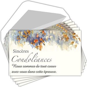 AFIE Oprechte Condoleance – set van 5 identieke kaarten en witte enveloppen – formaat 9 x 14 cm – tekst doodsproef begrafenis rouwbladeren – gemaakt in Frankrijk C5268