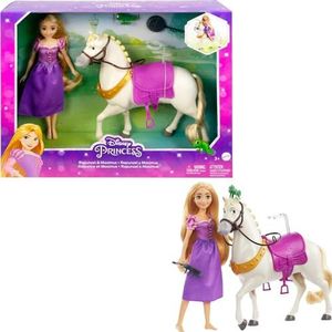 Mattel Disney-prinsessen Rapunzel en Maximus set met Rapunzel pop, Maximus paard, Pascal-figuur, borstel en klimaccessoires, speelgoed voor kinderen, vanaf 3 jaar, HLW23