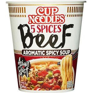 Nissin Cup Noodles - 5 Spices Beef, Enkele verpakking, Instant Nudes Style Japanse stijl met rundvlees en specerijen - Snelle bereiding in de beker - Aziatisch voer (1 x 64 g)