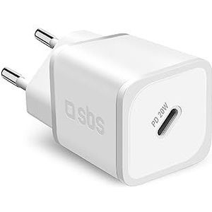 SBS Draagbare oplader voor Samsung, iPhone, Xiaomi, Oppo, 20 W Fast Gan Charger voor smartphones en tablets, Fast and Safe Power Delivery Charger met USB-C, wit