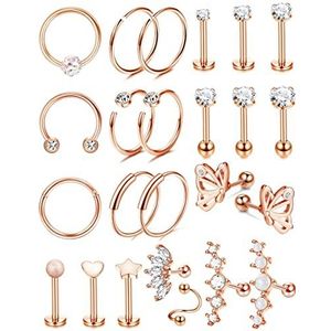 KALVICA 16G kraakbeen oorstekers voor dames, tragus-piercing, zirkoniumoxide, creolen, roestvrij staal, zilver/goud/roségoud, Roestvrij staal