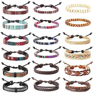YADOCA 15-18 stuks lederen houten kralen touw armband heren dames tribal etnische gebreide hand boho string armbanden, Hout