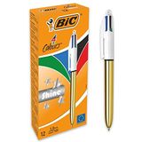BIC 4 Colors Shine balpen, intrekbaar, medium punt (1,0 mm), goudkleurig metallic lichaam, doos met 12 stuks