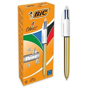 BIC 4 Colors Shine balpen, intrekbaar, medium punt (1,0 mm), goudkleurig metallic lichaam, doos met 12 stuks