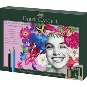 Faber-Castell 210053 Set van 40 polychromos kleurpotloden en Pitt Graphite Matt potloden met puntenslijper en gum