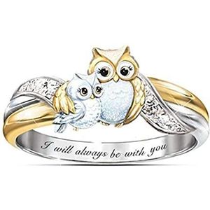 XIAOXIONG Met diamanten ingelegde uil ring voor Moederdag, voor mama, dochter, cadeaus voor mama, aluminiumlegering, aluminiumlegering
