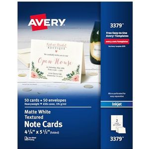 Avery Gedrukte notitiekaarten, inkjetprinters, 50 kaarten en enveloppen, 4,25 x 5,5 cm, zwaar, gestructureerd (3379), wit