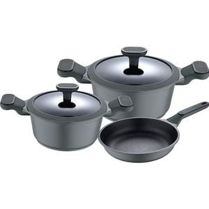 Set van 5 kookgerei: pan zonder deksel 24 (1,9 l), potten met deksel 20 (2,46 l) en 24 cm (4,3 l), gegoten aluminium, geschikt voor inductie, Solo collectie van
