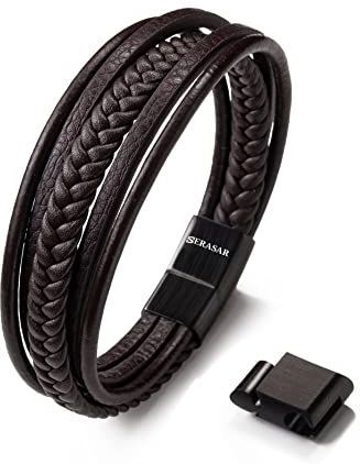SERASAR Lederen gevlochten armband voor heren in zwart en bruin, verschillende lengtes, roestvrij stalen magnetische sluiting, met juwelendoos, geweldig cadeau voor mannen, Leer, Geen edelsteen