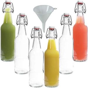 Viva Haushaltswaren Set van 6 kleine glazen flessen met mechanische sluiting, 500 ml, trechter, wit, Ø 9,5 cm