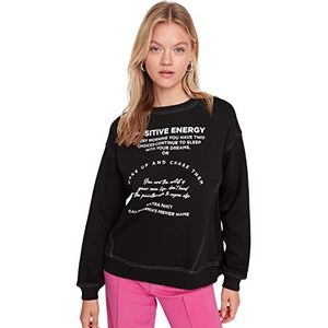Trendyol Slank sweatshirt met ronde hals met slogan trainingspak dames, zwart, M, zwart.