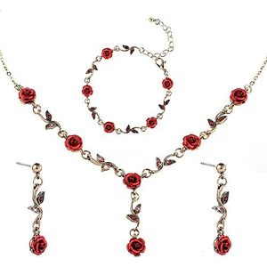 Set van 3 rode rozen sieraden - roos hanger ketting, armband en oorbellen - sieradenset voor vrouwen meisjes - roze halsketting voor bruiloft, prom, Metaal