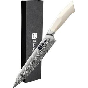 Kensaki Couteau à pain en acier damassé - Couteau de cuisine japonais fabriqué en acier damassé 67 couches - Manche G10 blanc - Série Shiro