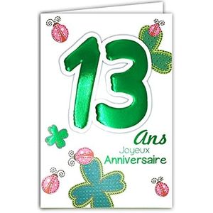 Age Mv 69-2013 Wenskaart voor de 13e verjaardag, jongens, meisjes, motief: geluksbrenger, klavertje vier bladeren, lieveheersbeestje