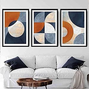 Artze Wall Art Abstracte geometrische kunstdrukken, A3, marineblauw, oranje, goud, 3 stuks