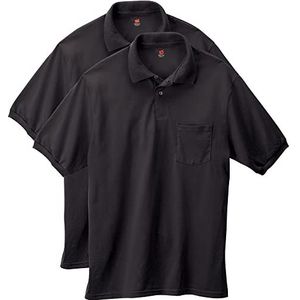 Hanes EcoSmart Poloshirt met korte mouwen, verpakt per 2 stuks, jersey met zak, zwart.