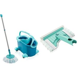 Leifheit Set Clean Twist Disc Mop Ergo Lave Vloer, emmer en wringer, met telescoopsteel en rolwagen en douchereiniger, Bath Cleaner Micro Duo, 360° draaibare reinigingskop