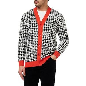 United Colors of Benetton Pull Cardigan Homme, Pied de Poule noir et blanc et rouge 29 l, XS