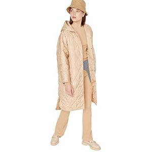 Trendyol Dames oversized winterjas met capuchon ruitpatroon camel S, Kameel.